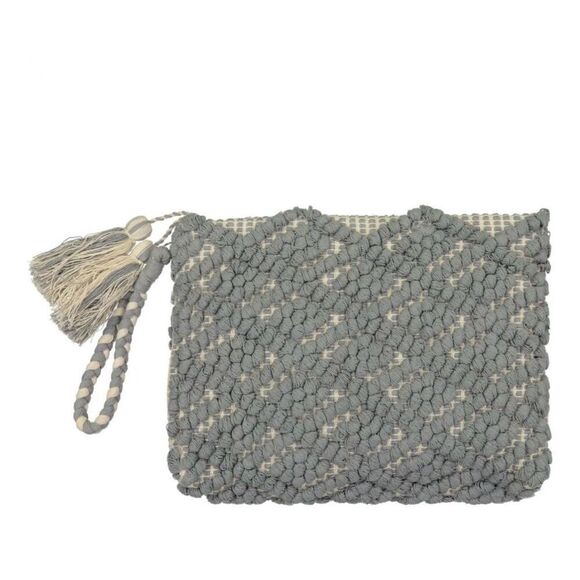 Guadalupe Santorini Zip Top Clutch Gray Pom Pom Tassel Knit Boho Mediterranean